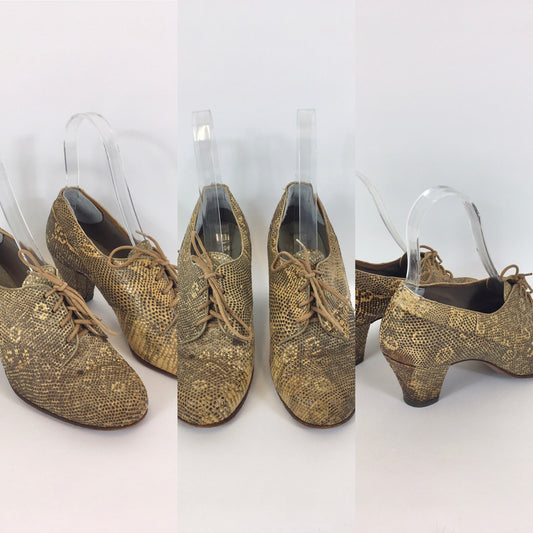 Original 1940’s Fabulous Snakeskin Heeled Lace Up Shoes - In A Lovely Warm Golden Tone