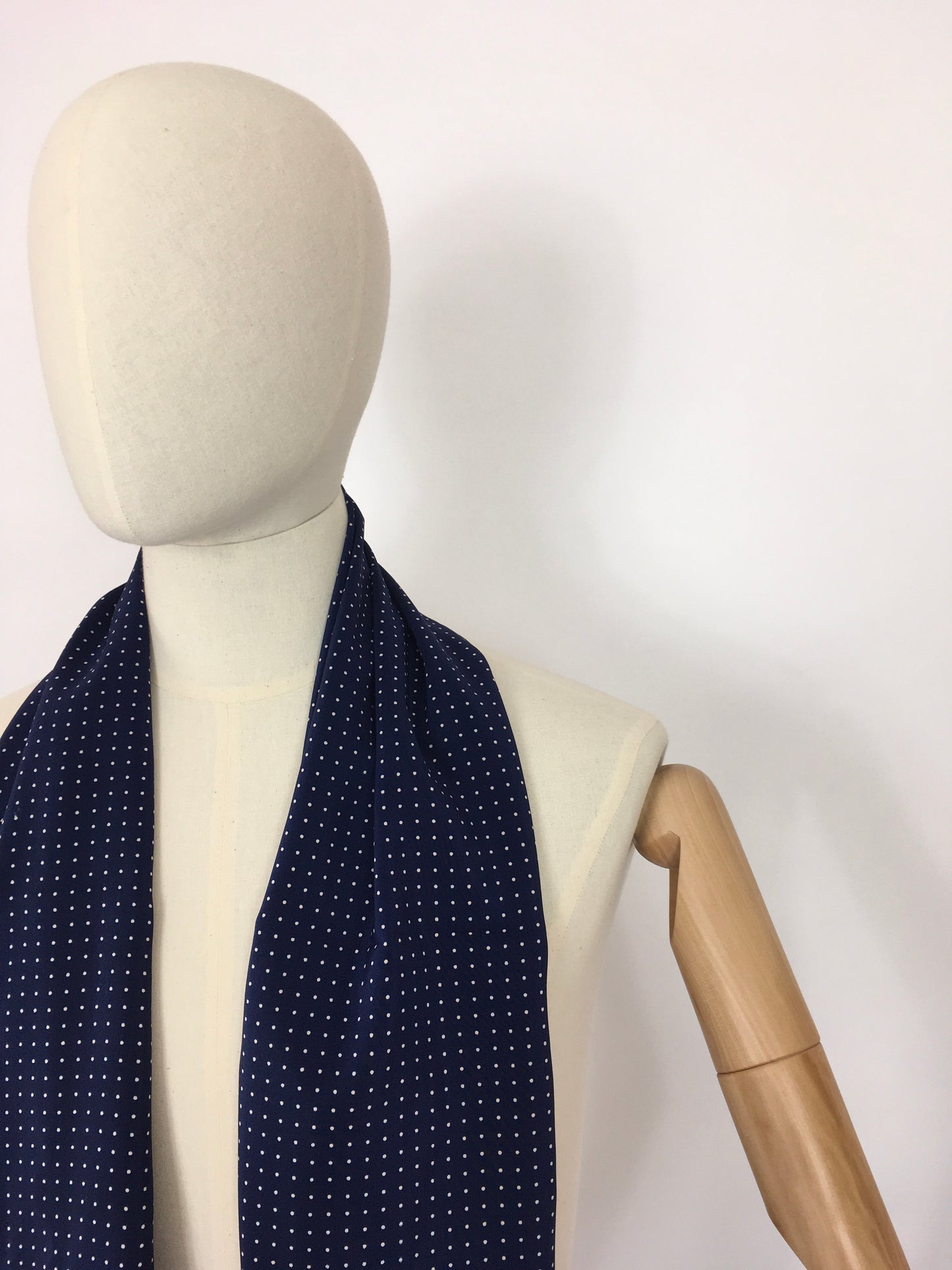 Original 1940’s Mens Scarf By ‘ Tootal ‘ - Lovely Navy and White Polka Dot Silk