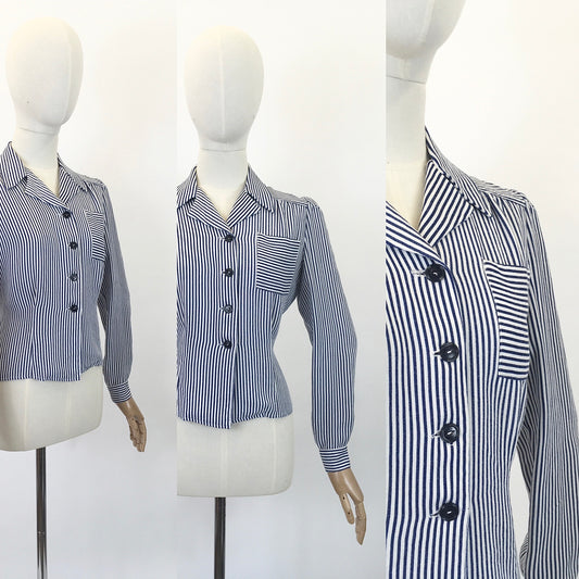 Original 1940's Fabulous CC41 Utility Blouse - In A Classic Navy & White Linen