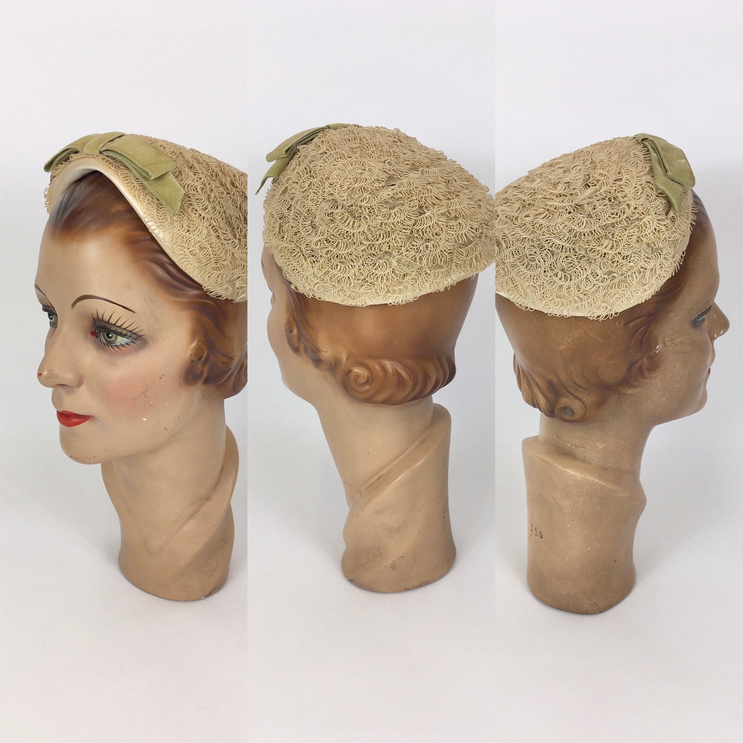 Original 1950’s Darling Headpiece - In A Soft Straw Colour with Contrast Rich Green Velvet Bow Detailing