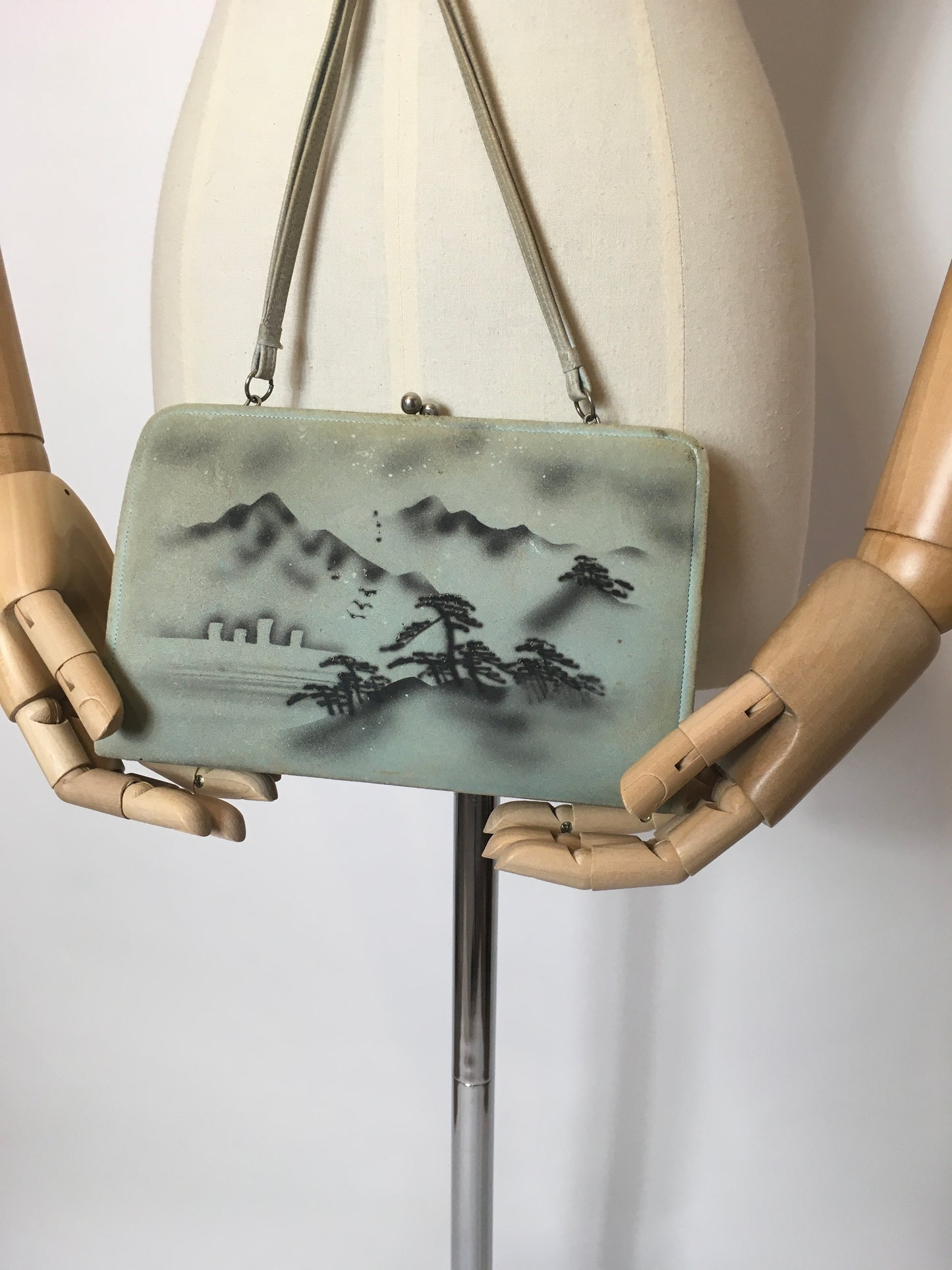 Original 1930’s Powder Blue Tourist Bag with images of Mountains and Temples  - Festival of Vintage Fashion Show Exclusive