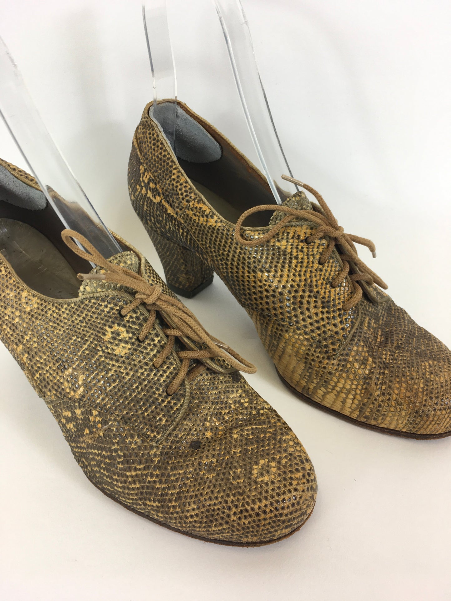 Original 1940’s Fabulous Snakeskin Heeled Lace Up Shoes - In A Lovely Warm Golden Tone