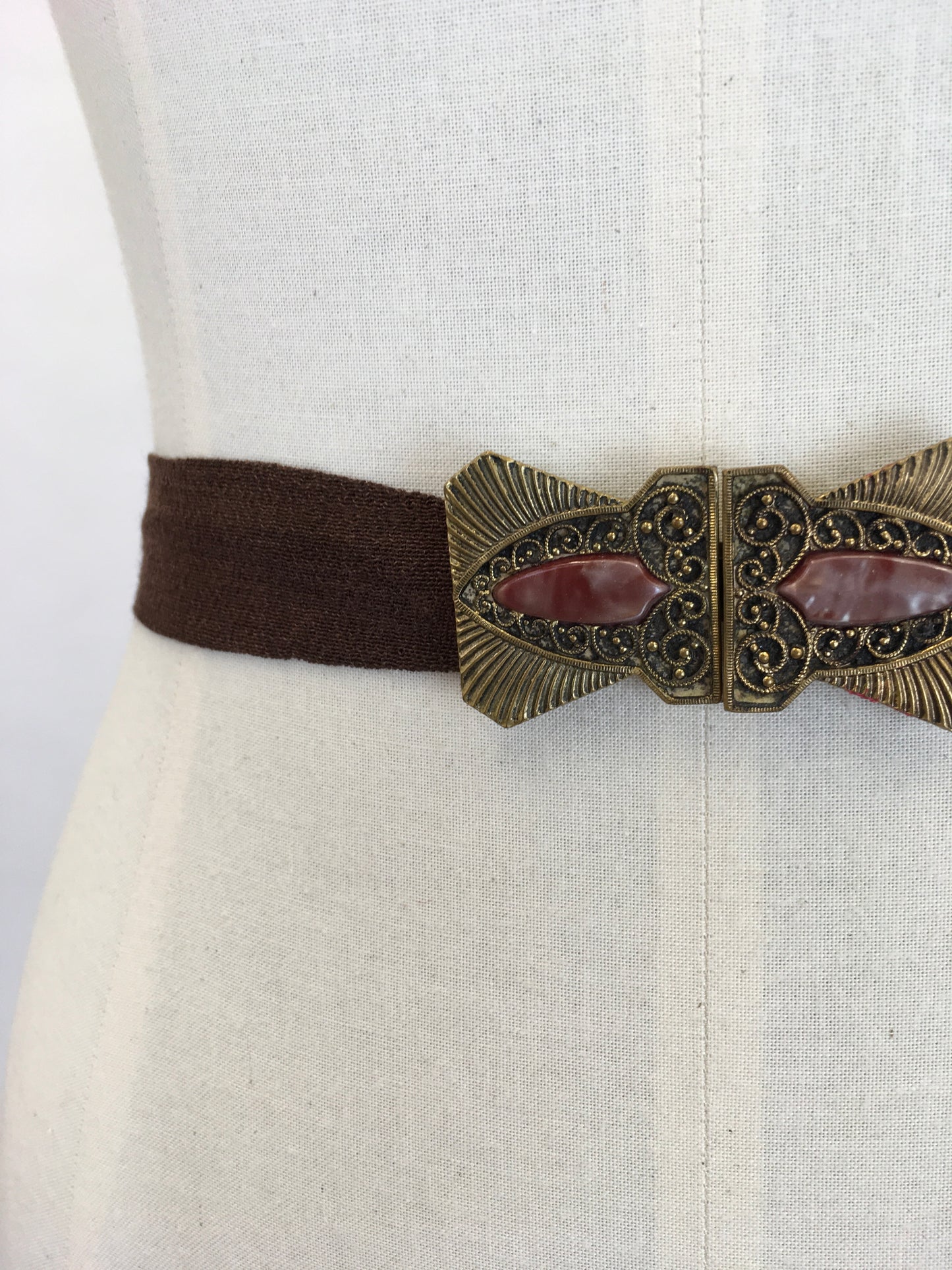 Original 1930s Deco Belt - With Deco Metal Buckle and Warm Brown Crepe Banding