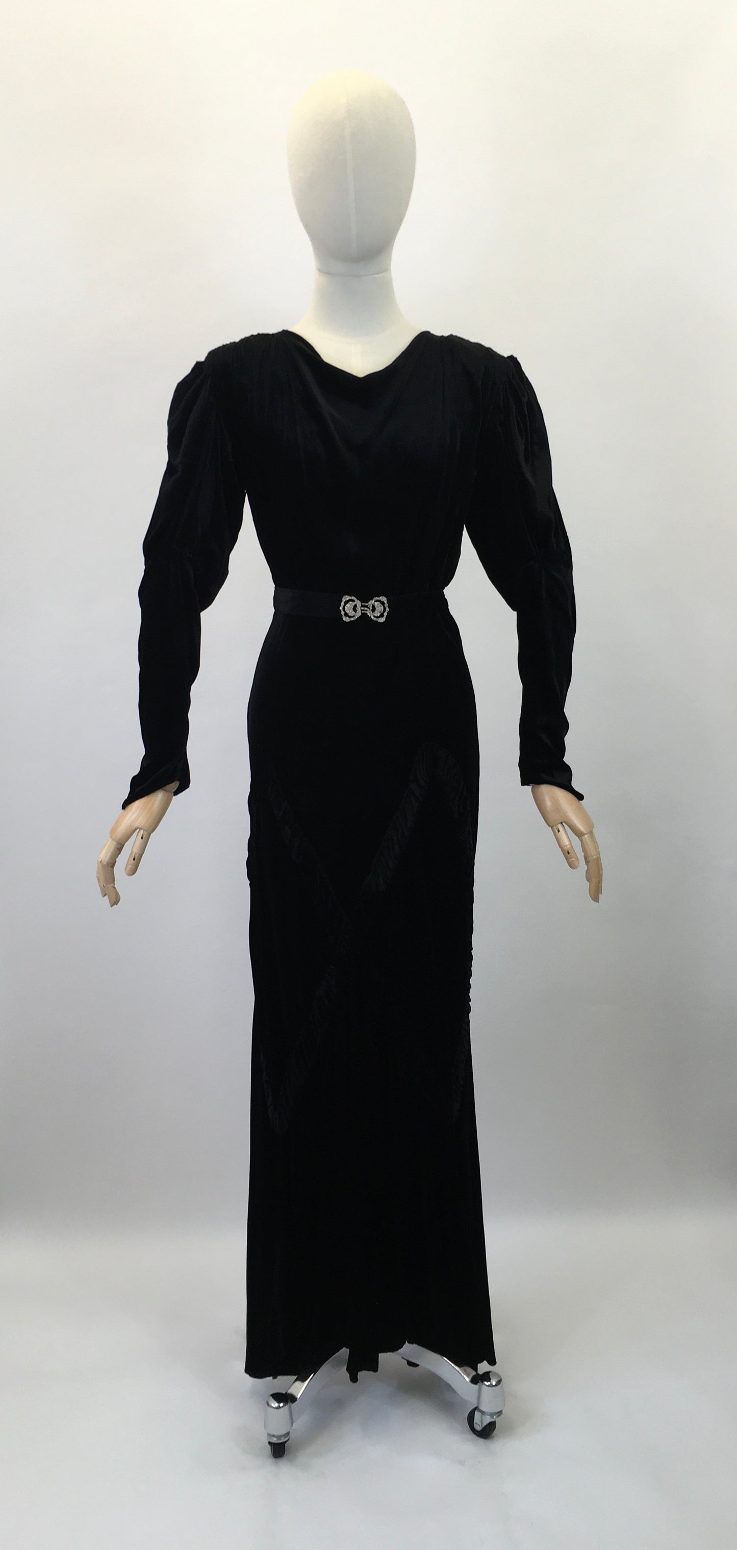 Original 1930's Divine Silk Velvet Evening Gown - With Exquisite Pleated Details and Art Deco Buckle