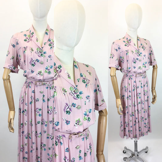 Original 1940s CC41 St.Michaels Cotton Day Dress - In Soft Pinks, Lavender, Lime & Teal