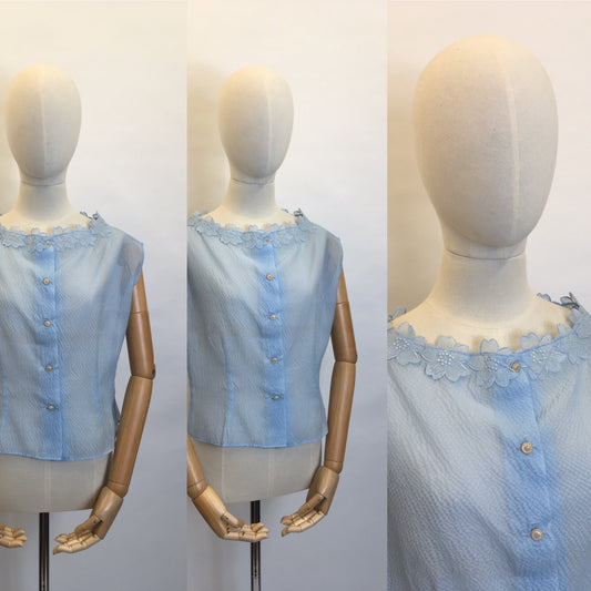 Original 1950’s Sheer Blouse in a lovely Powder Blue - Featuring Floral Detailing to the Neckline