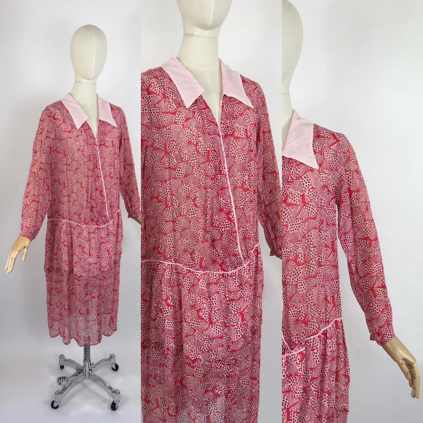 Original Early 1930s Darling Day Dress - In a Fabulous Deco Almost Book Print Cotton Lawn with Scalloped Hem Detailing