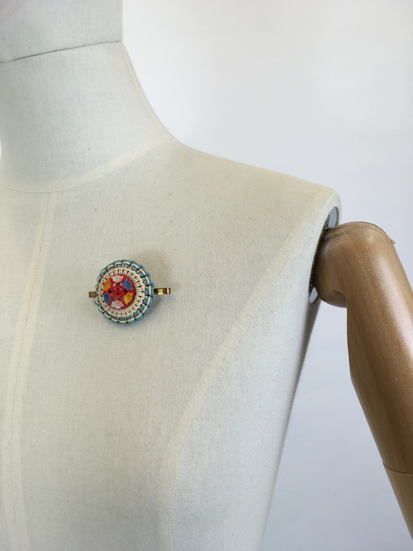 Original 1940’s Make Do and Mend Telephone Cord Brooch - In A Soft Blue & Cream with Red Floral Button