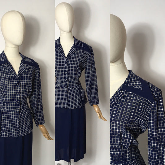 Original 1940’s Illusion Dress with Sharp Collar - Contrast Check & Navy Rayon