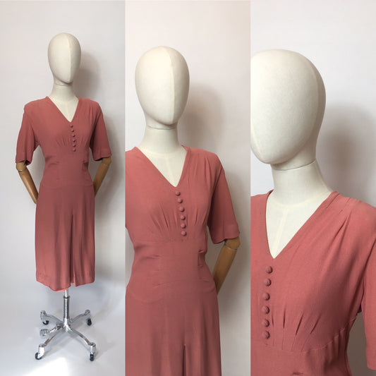 Original 1940’s Rose Pink Crepe Dress - Lovely Panelled Waist Detailing