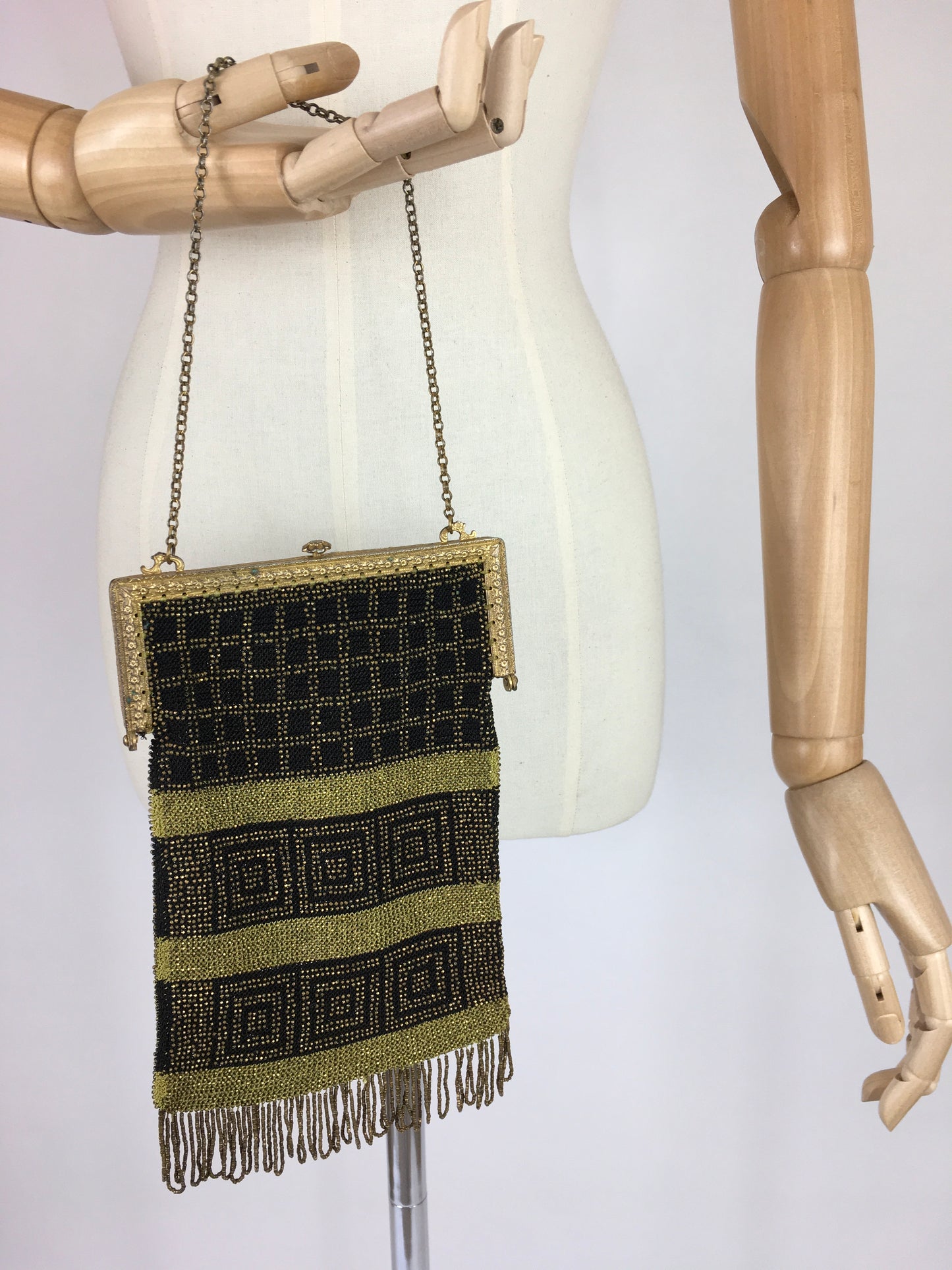 Original 1910s Chain Beaded Bag - In A Lovely Deco Pallet of Black and Gold