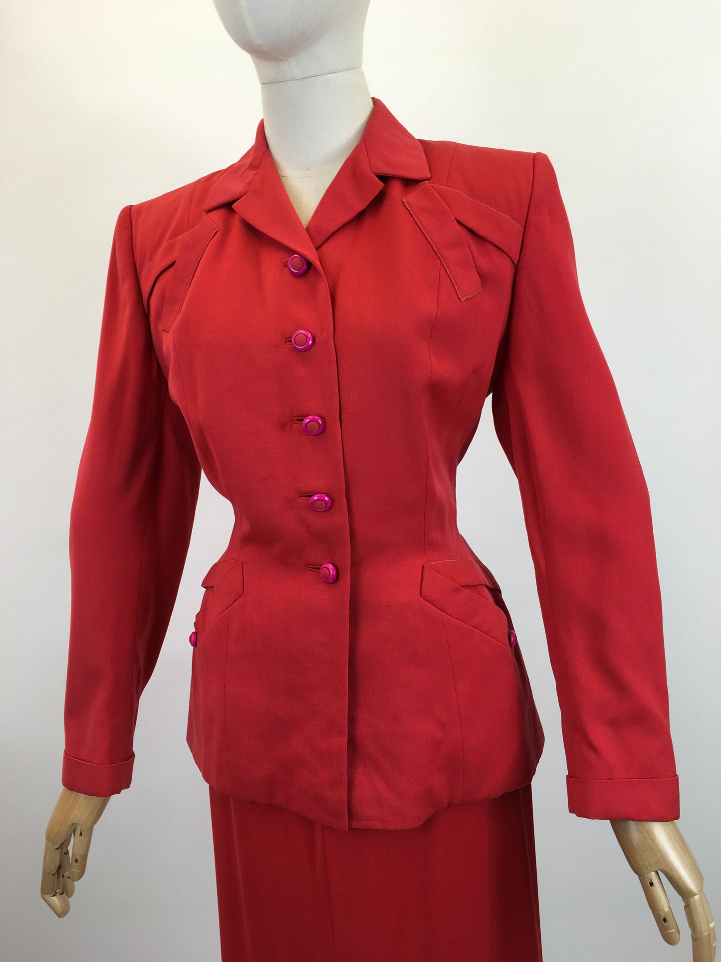Original 1940's Stunning American 2pc Gaberdine Suit - In A Bright Lipstick Red
