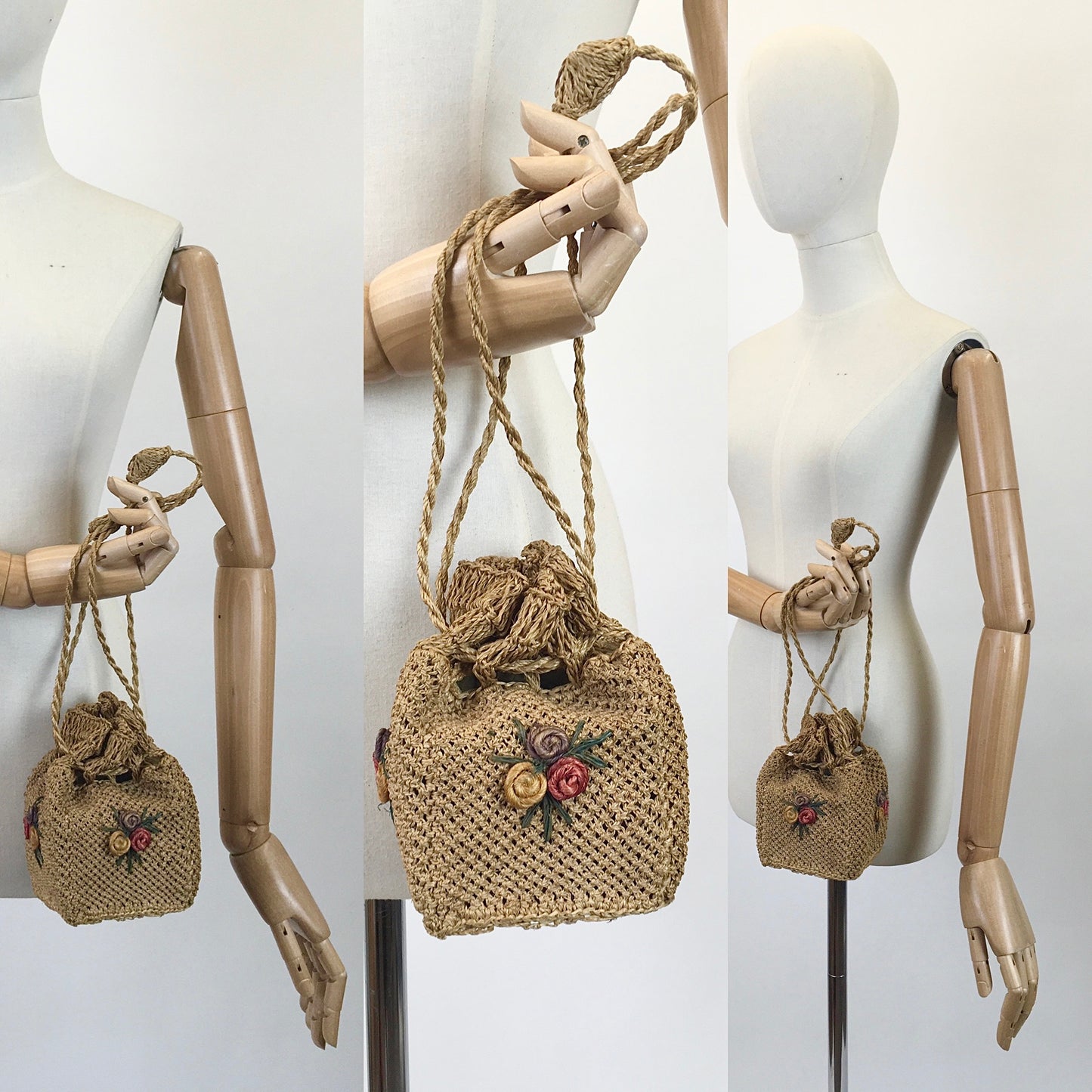 Original 1930's / 1940's Darling Square Box Bag - With Floral Raffia Adornments