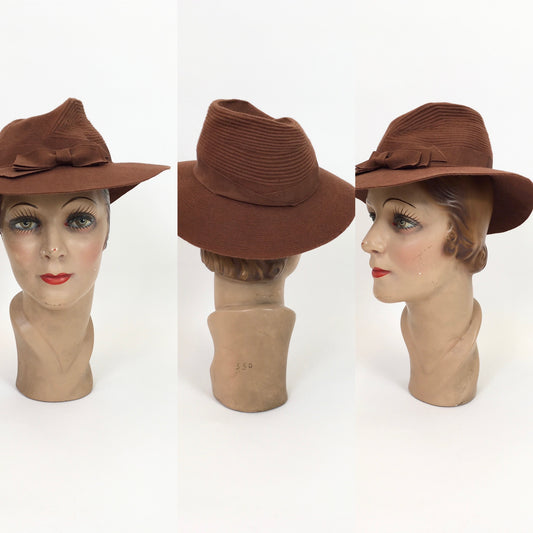 Original 1940's Sensational Fedora Hat - In A Warm Cinnamon With Stitchwork Detailing