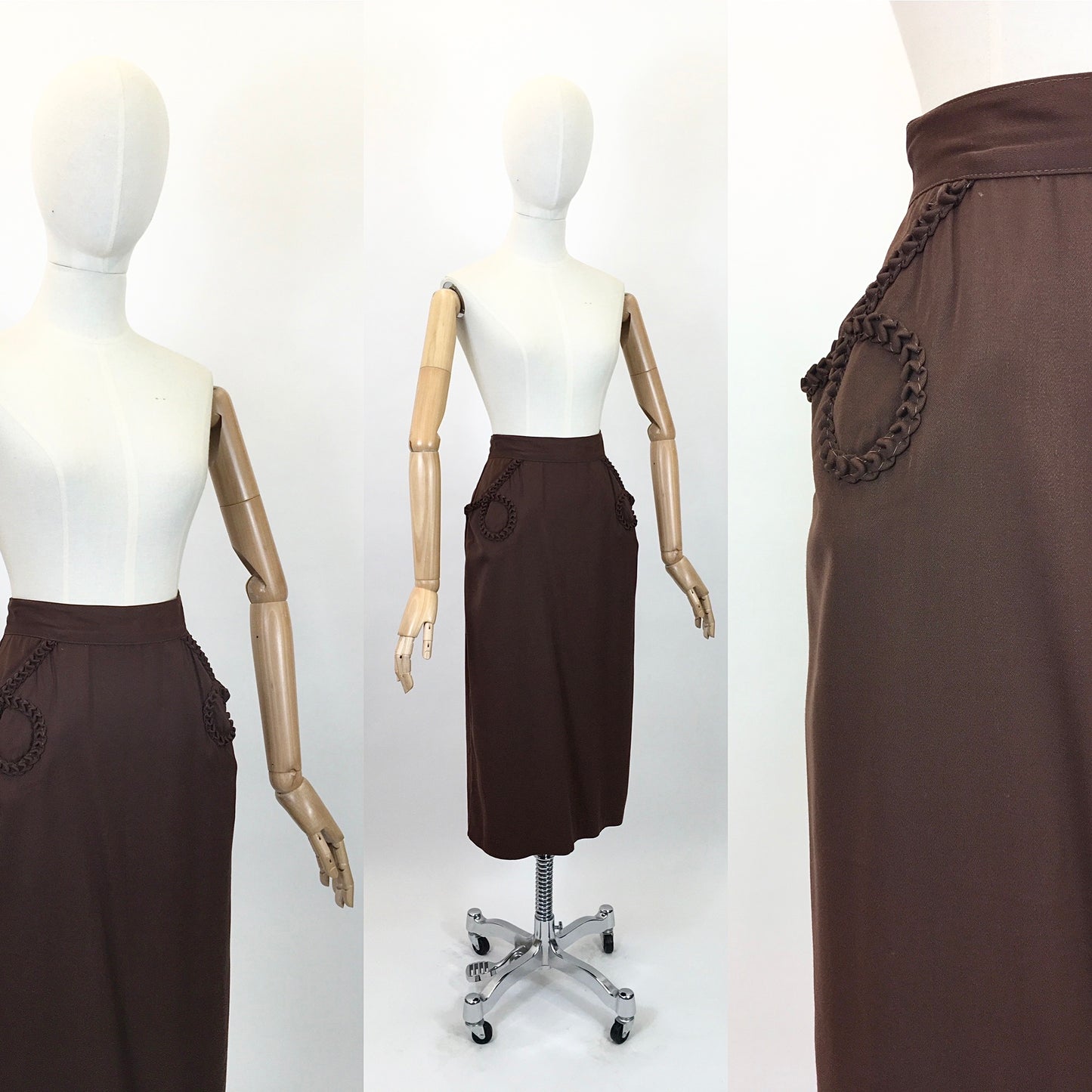 Original 1940's Fabulous Gabardine Skirt in Chocolate Brown - With Decorative Pocket Detailing