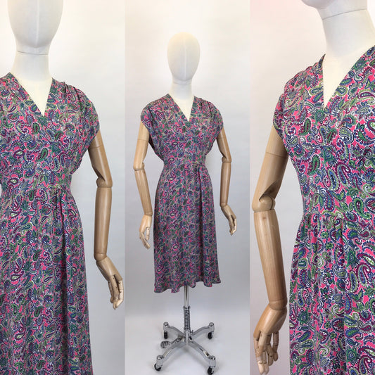 Original Late 1940s Day Dress - In a Beautiful Bright Paisley Rayon Crepe