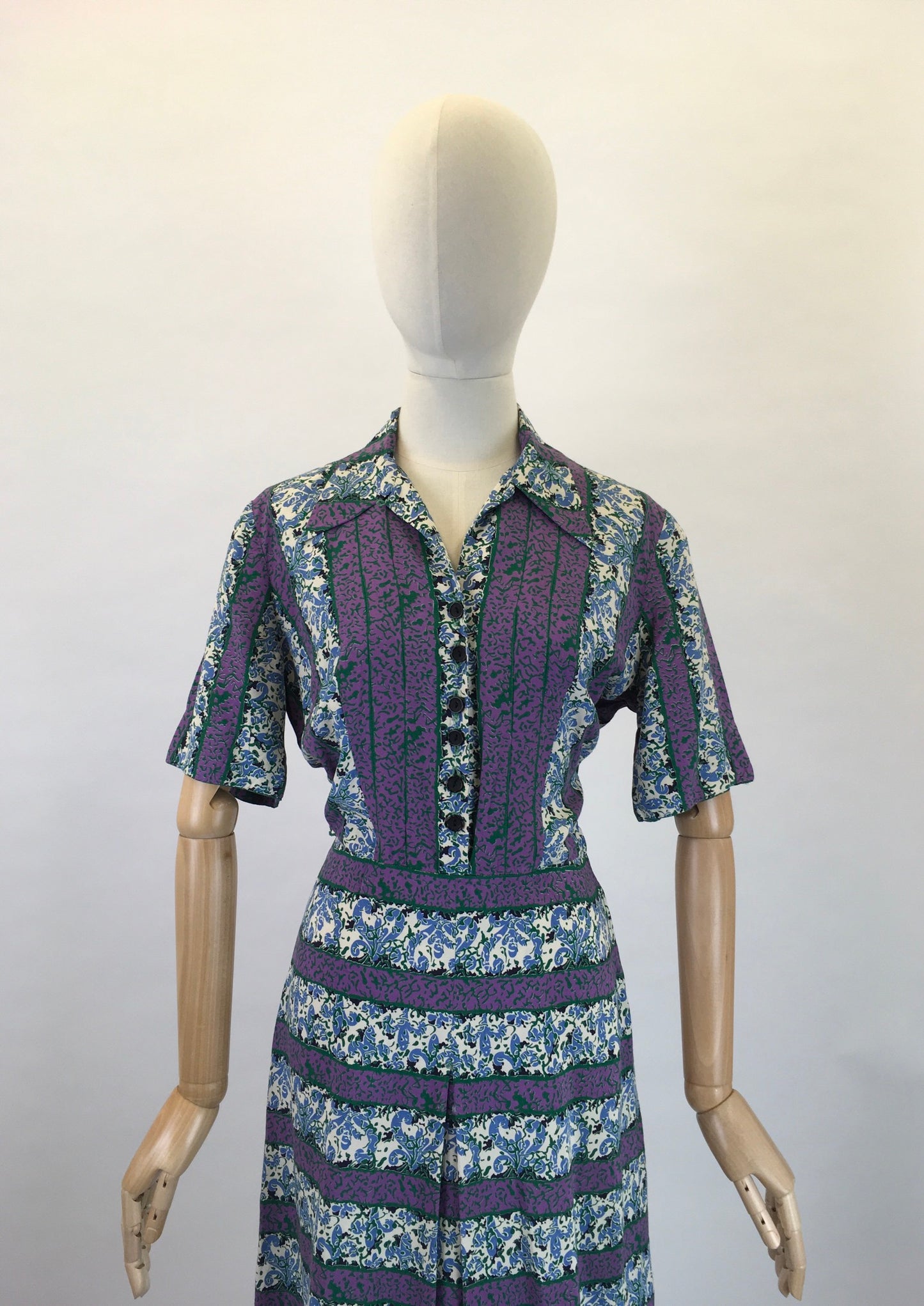 Original 1940s Rayon Dress - In Lovely Rich Purples, Greens and Whites with Florals and Stripes