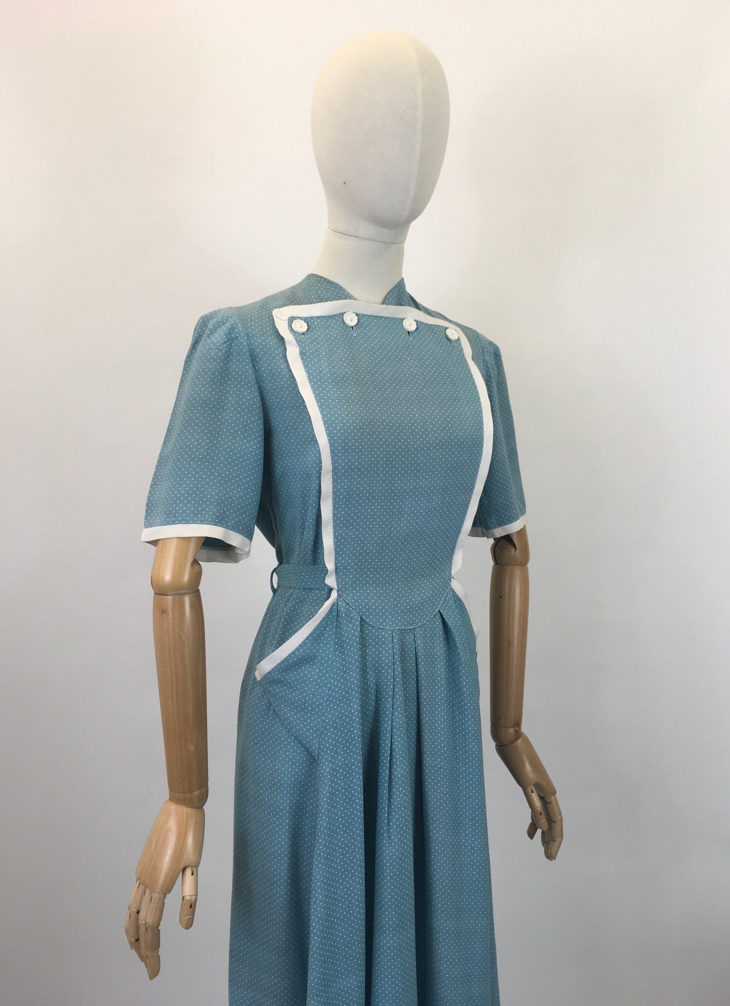 Original 1940's Stunning CC41 Utility Day Dress - In A Darling Duck Egg Blue Polka Dot