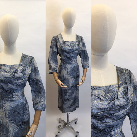 Original 1940’s Cocktail Dress - In a lovely Fern Print Silk in Power Blues and Shades of Grey