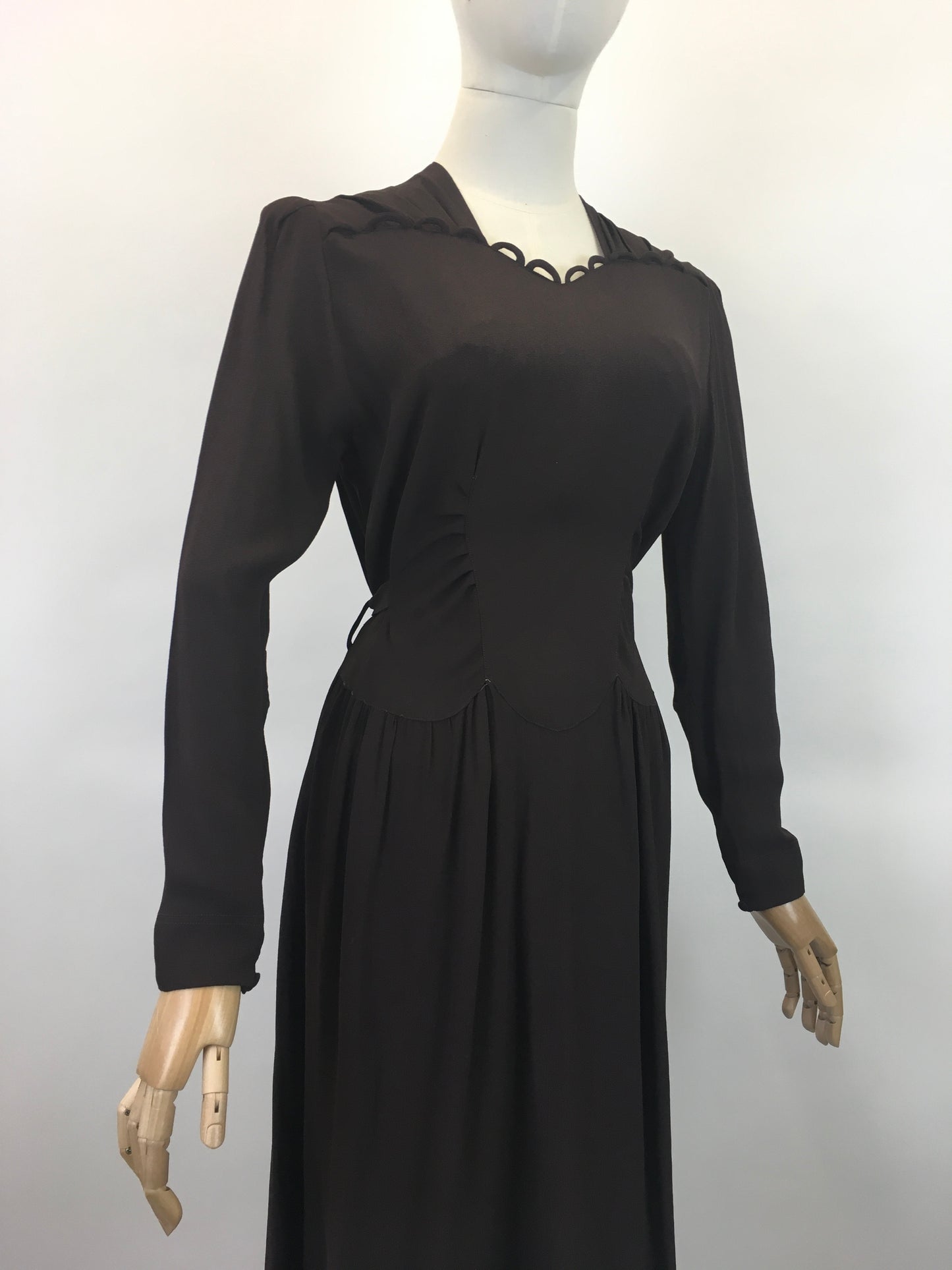 Original 1940's Sublime ' Mary Browne' CC41 Crepe Dress - In A Warming Brown with Roulette Loop Detailing