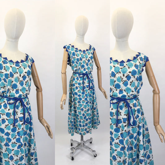 Original 1950’s VOLUP Cotton Day Dress - In A Stunning Blue Floral with Contrast Detailing