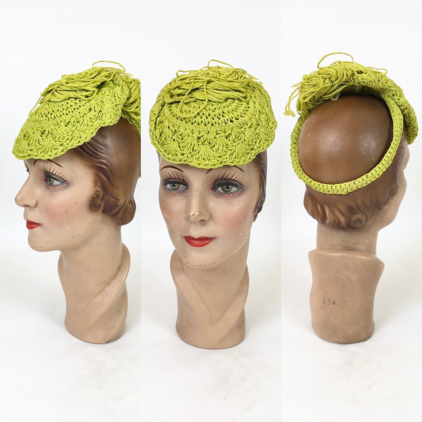 Original 1940's Fabulous Popcorn Crochet Headpiece - In A Sublime Chartreuse