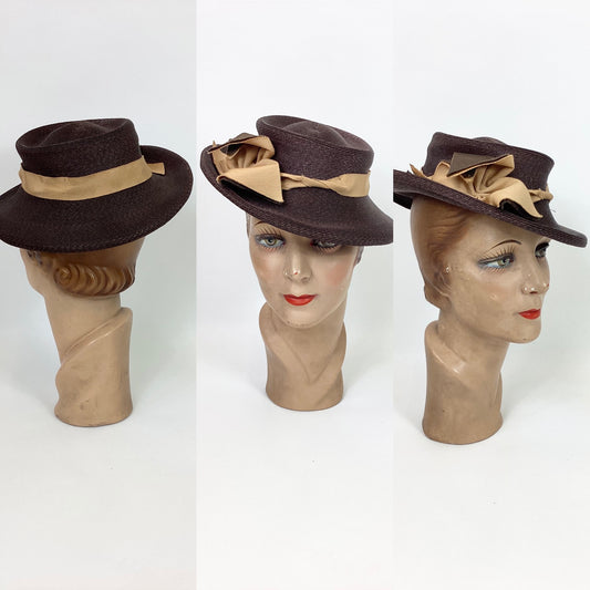 Original 1940’s Stunning Straw Topper Hat - In Chocolate Brown With Grosgrain Trim
