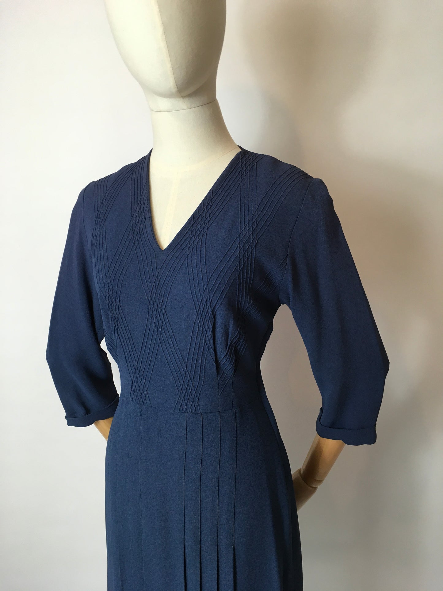 Original 1940’s Airforce Blue Crepe Day Dress - Lovely Criss Cross Detailing to the Bodice