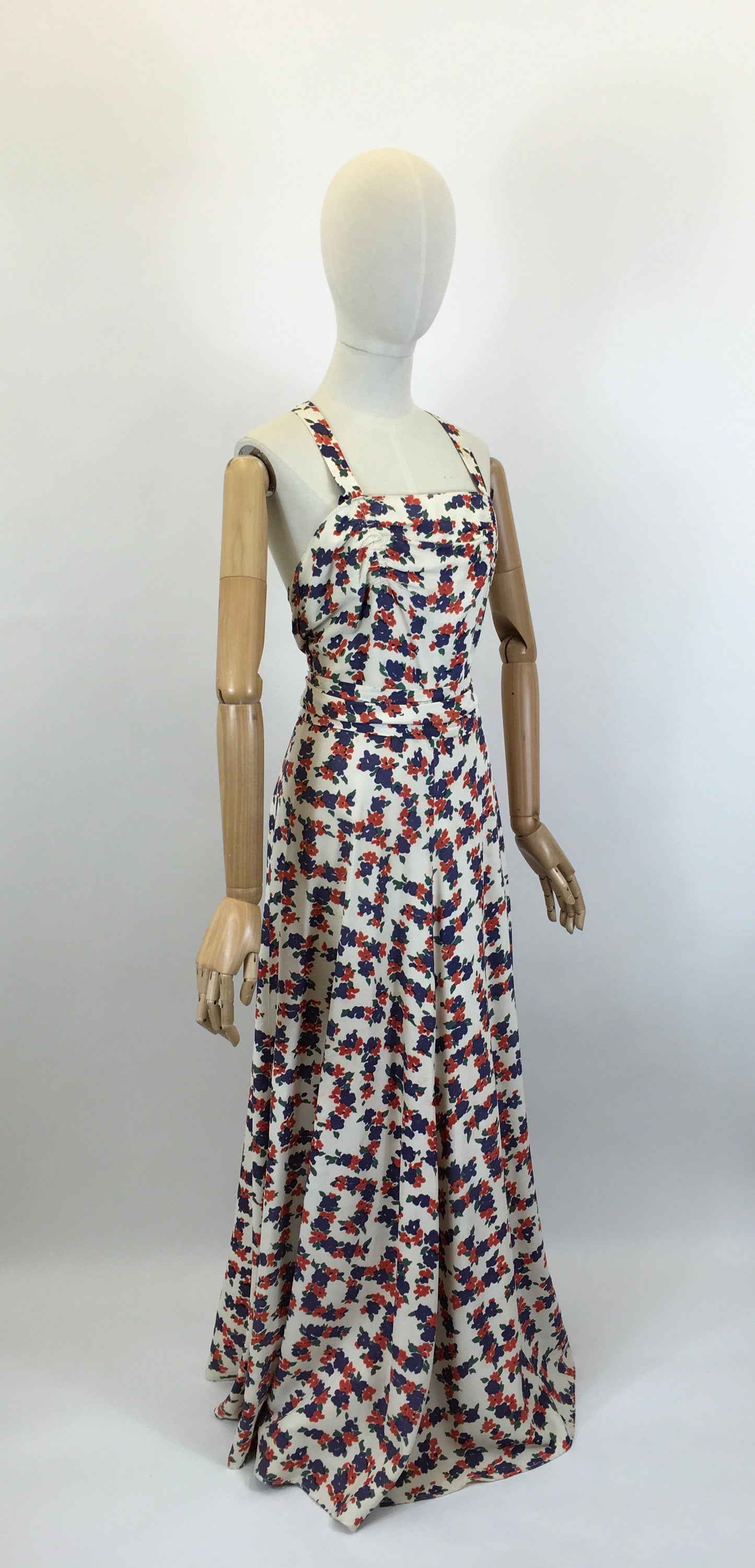 Original Late 1930’s Stunning Evening Gown - Navy & Coral Red Floral Rayon