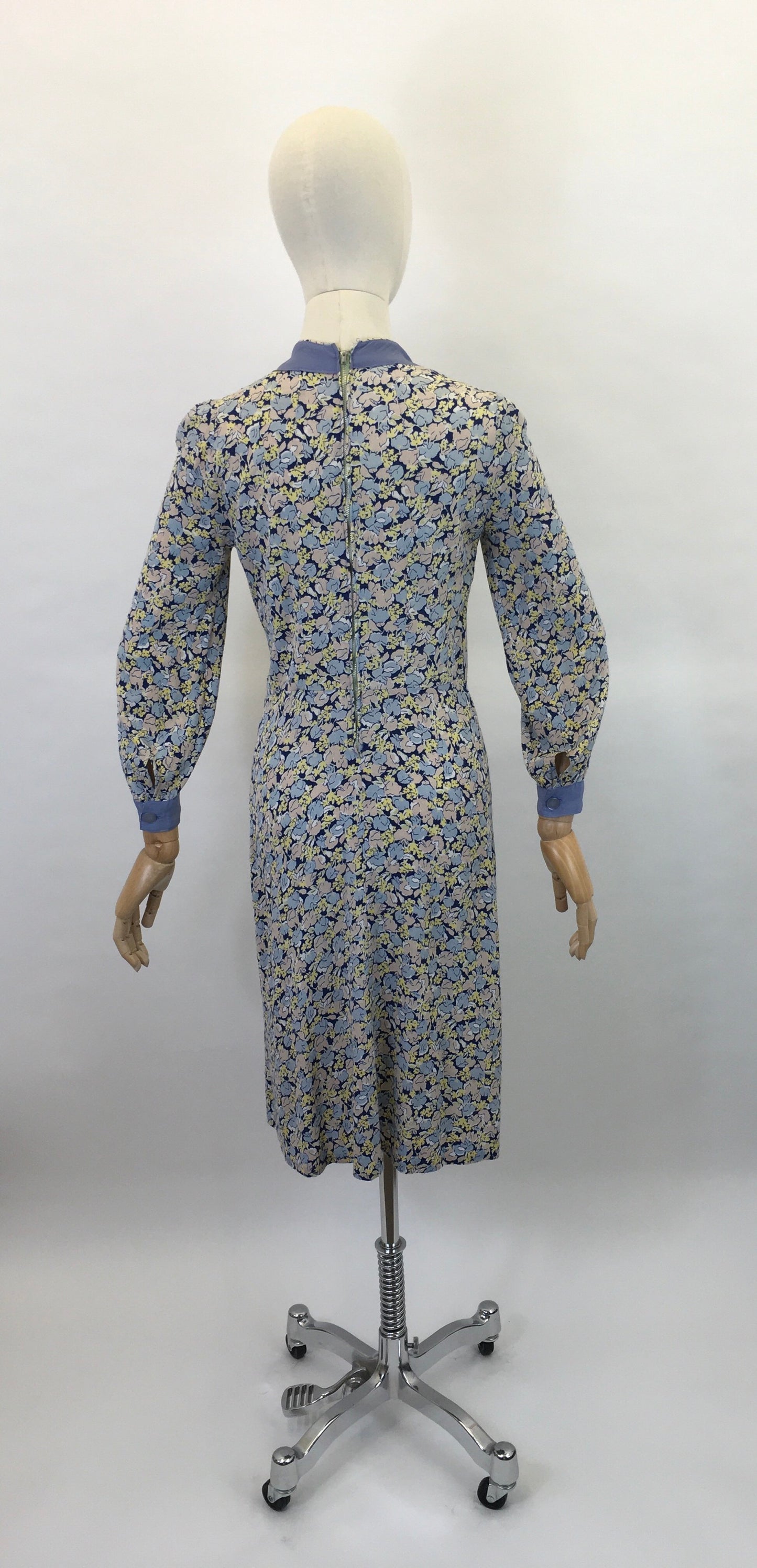Original 1930’s Crepe Floral Day Dress - In A Pallet of Soft Pastels : Powdered Blue, Delicate Rose and Buttery Yellow