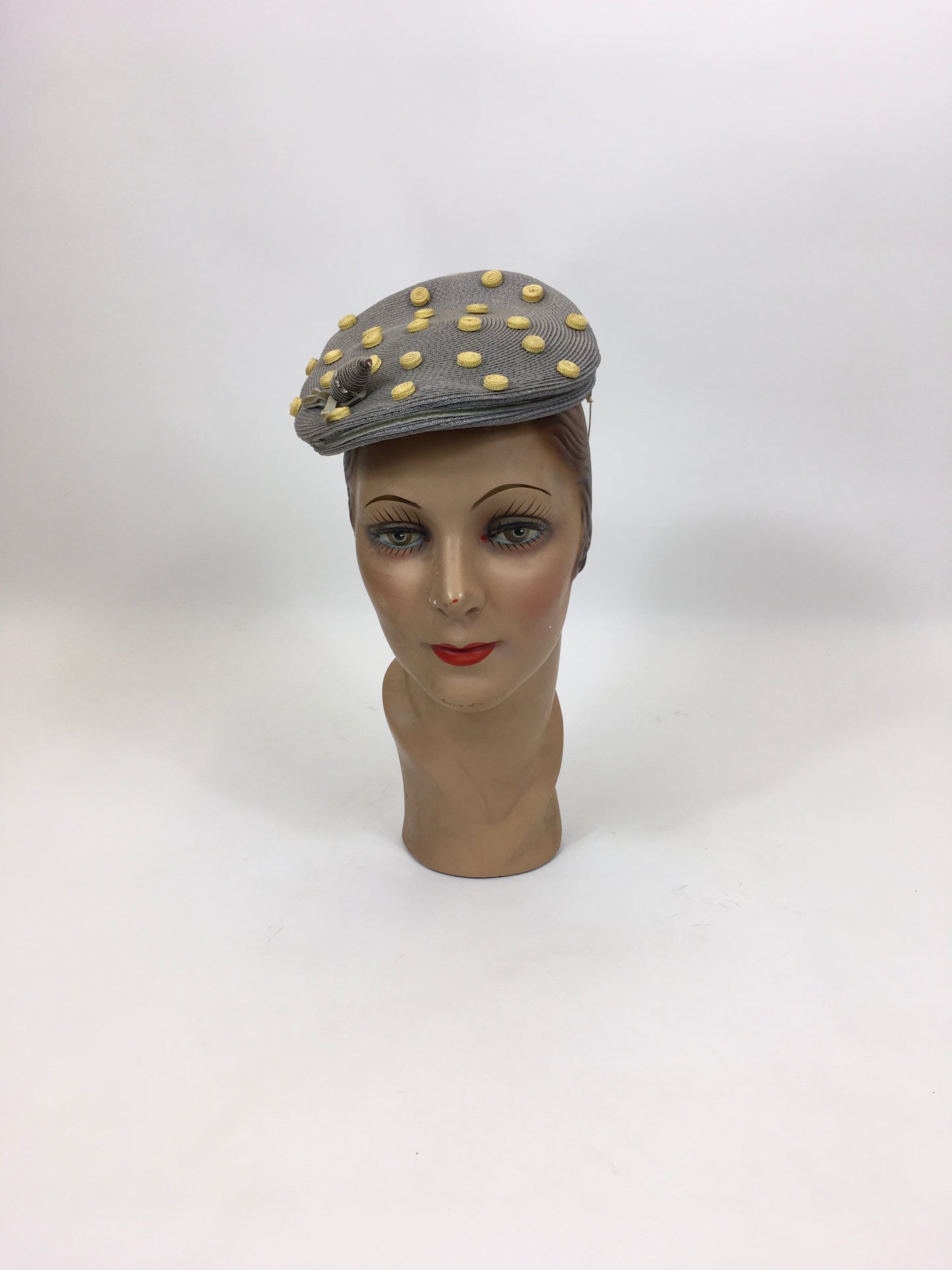 Original Late 1940's Stunning Headpiece - In Powder Grey & Primrose Yellow Polka Dots