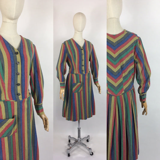 Original Late 1930s Day Dress - In a Fabulous Heavyweight Linen in a Rainbow Stripe with Contrast Chevron Pattern