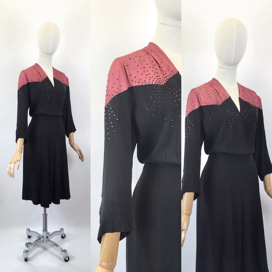 Original 1940’s STUNNING 2 Tone Dress in Fuchsia and Black Rayon Crepe - With Studwork and Shirring