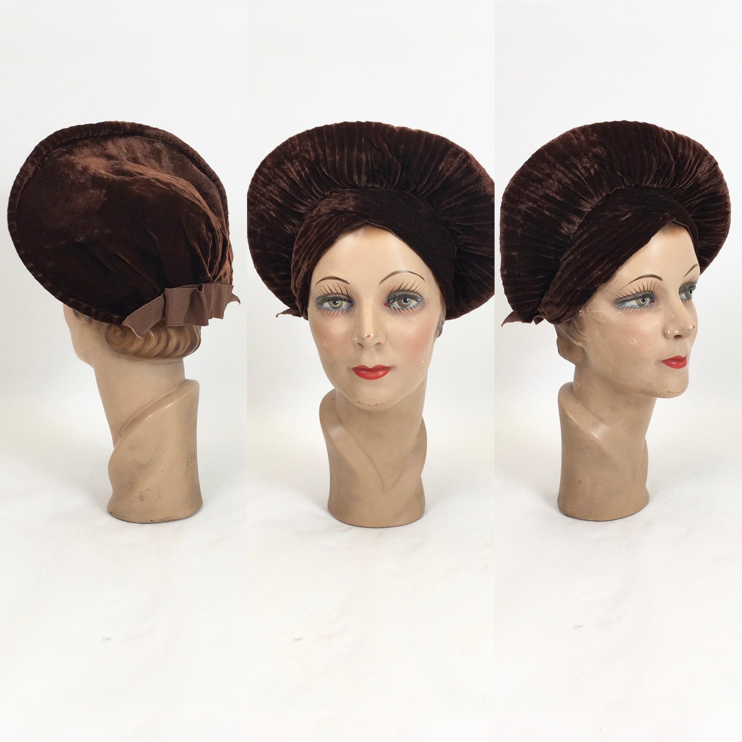 Original 1940's SENSATIONAL Halo Hat - In A Divine Chocolate Brown Silk Velvet With Grosgrain Bow