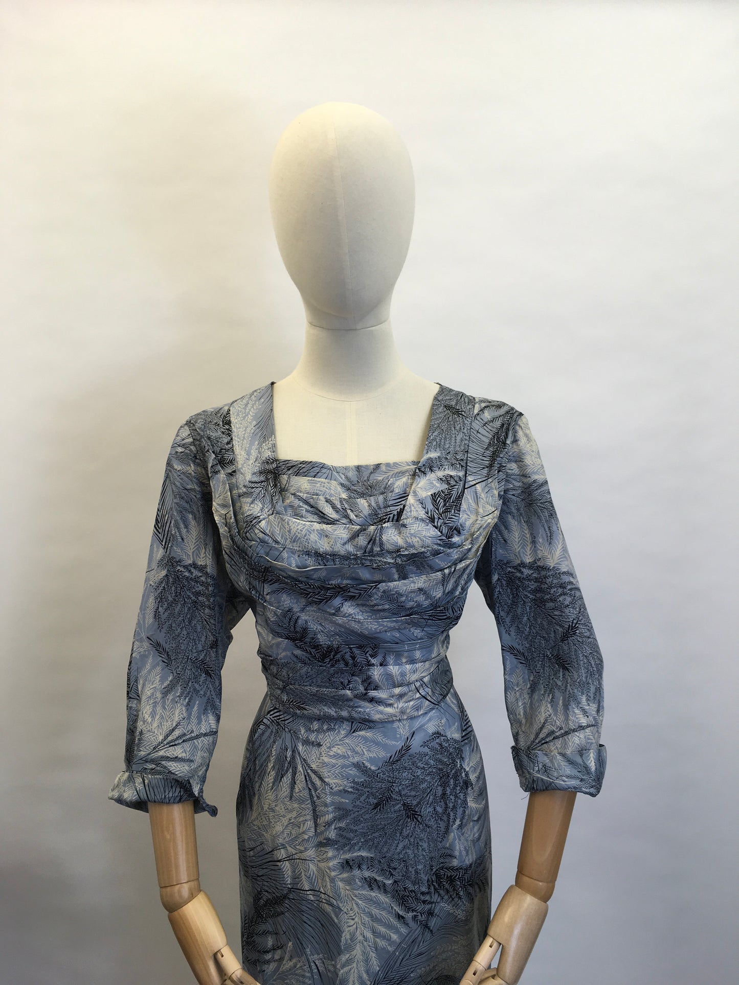 Original 1940’s Cocktail Dress - In a lovely Fern Print Silk in Power Blues and Shades of Grey