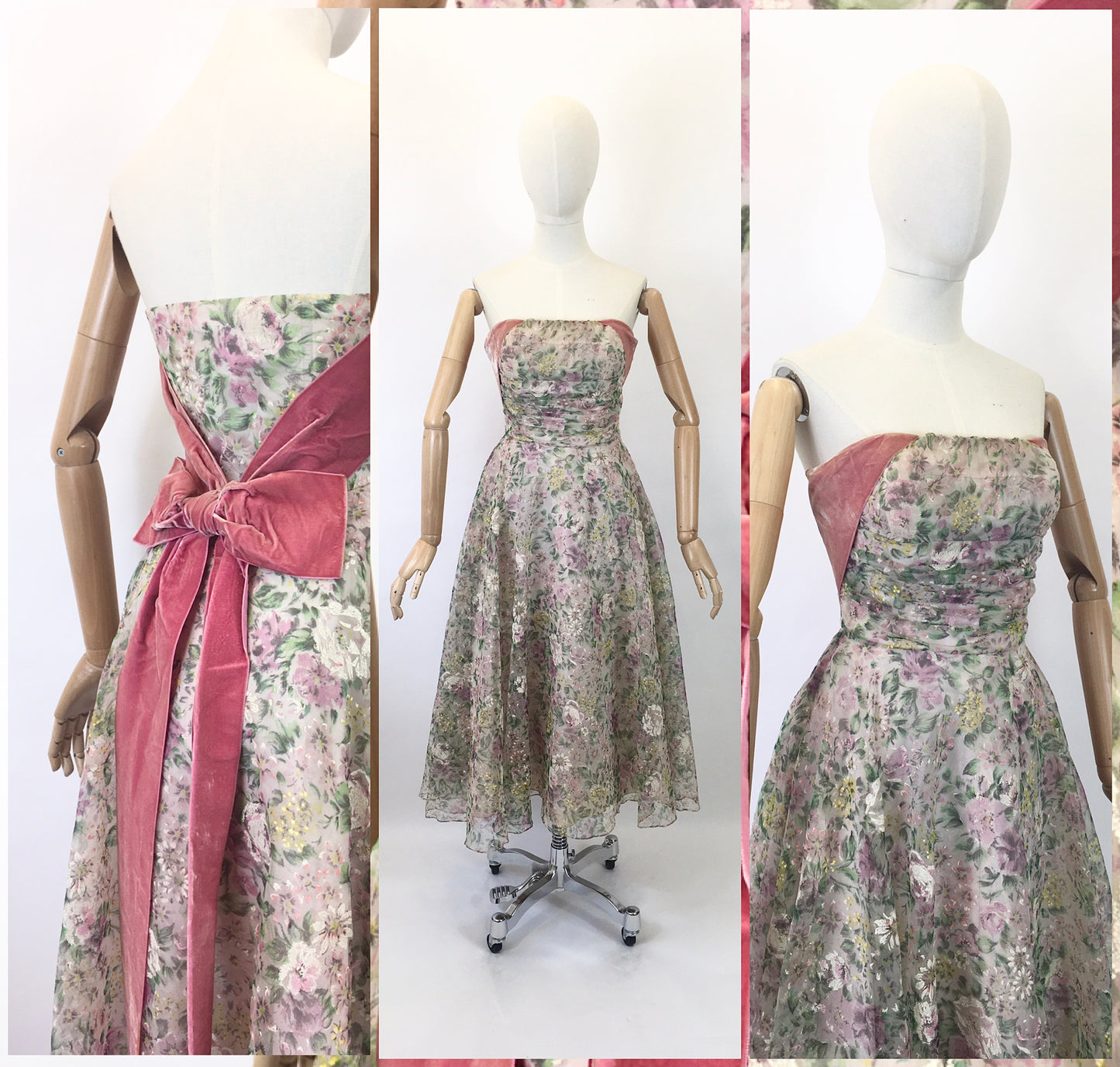 Original 1950's SENSATIONAL Floral Dress - By ' Sambo Fashions' with Boning and Velvet Trim