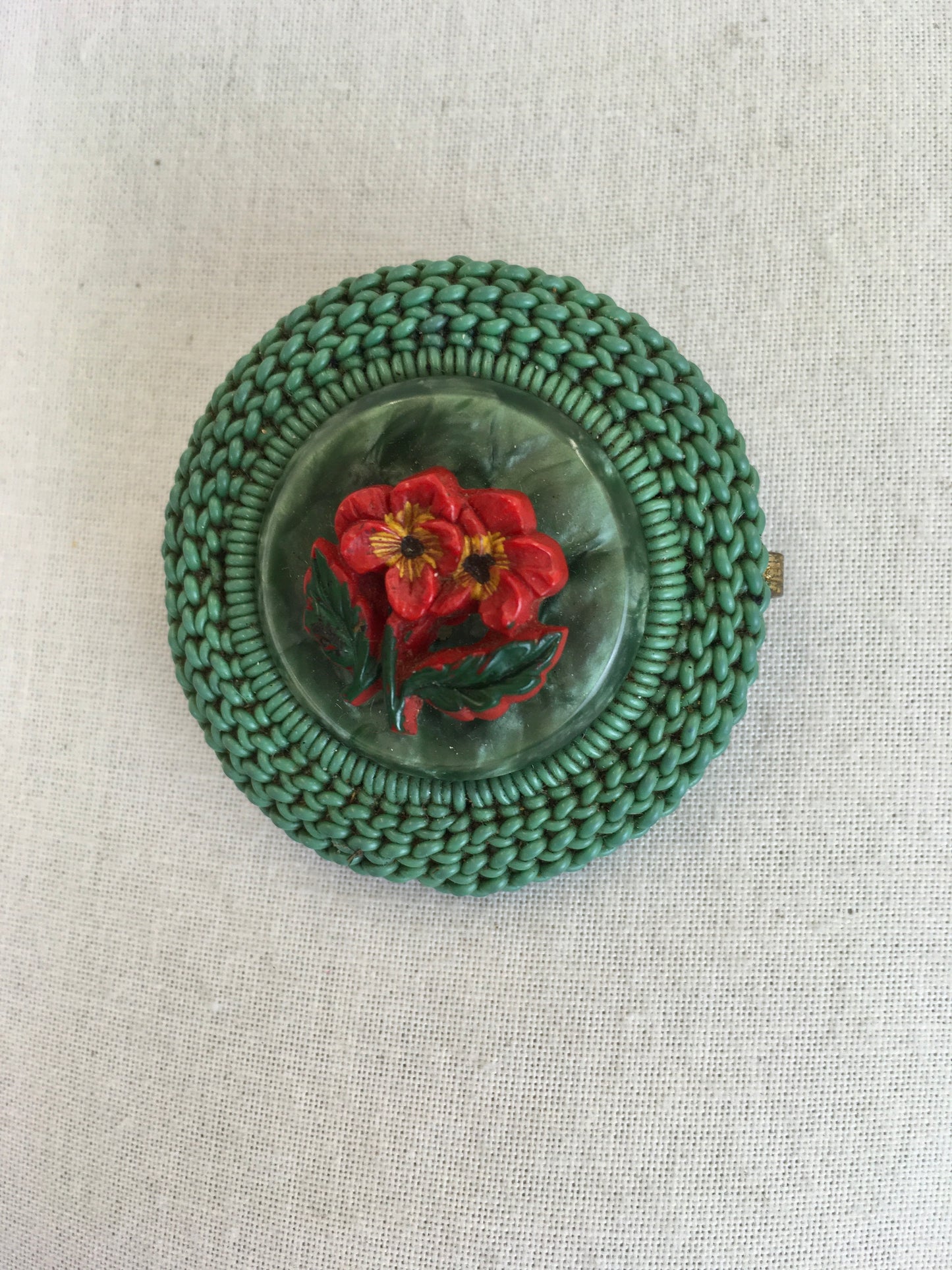 Original 1940’s Make Do and Mend Telephone Wire Brooch - In A Festive Red and Green Colour Pallet