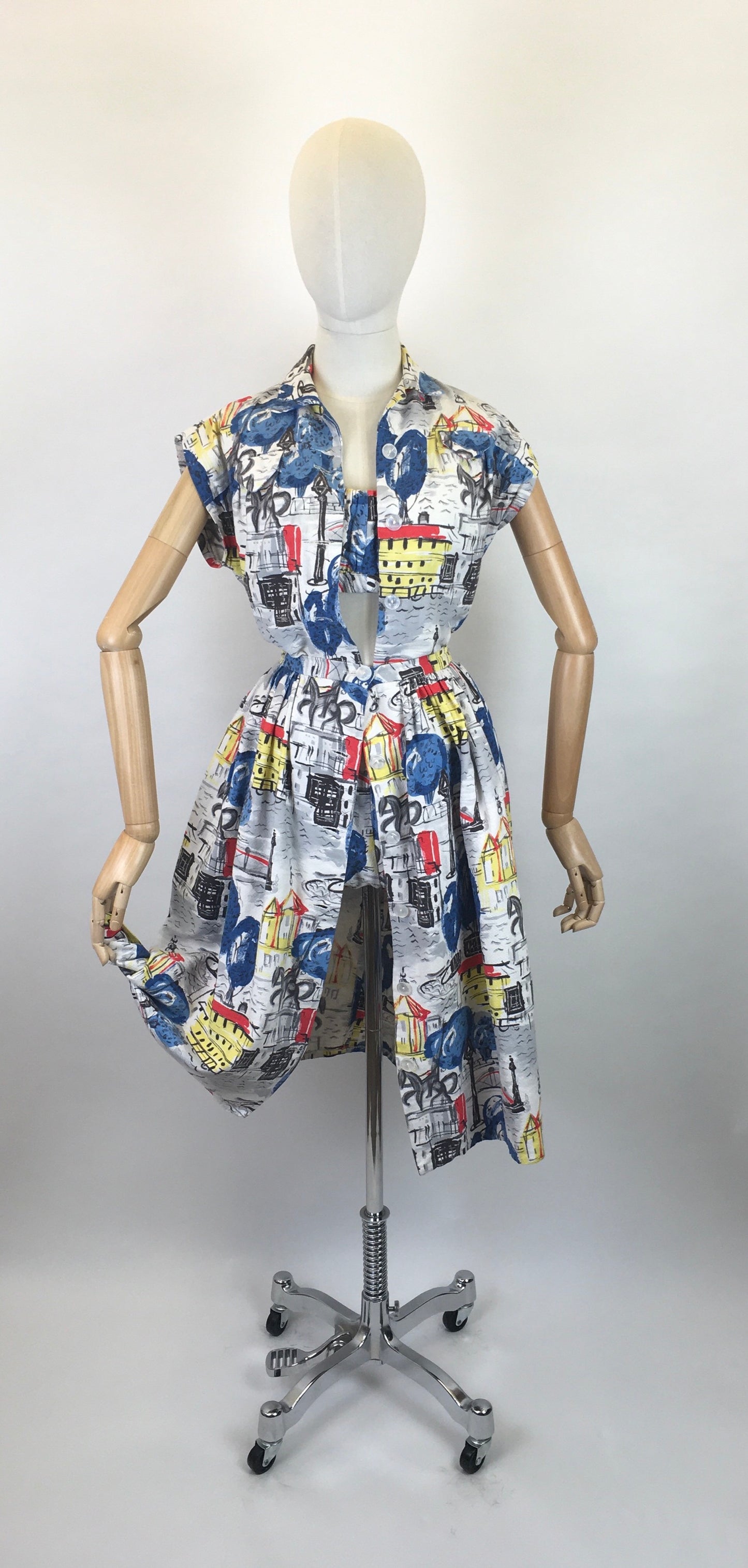 Original 1950s 4 pc Sun Set In Novelty Print Barkcloth - Sun Top, Blouse, Bloomer Shorts and Skirt