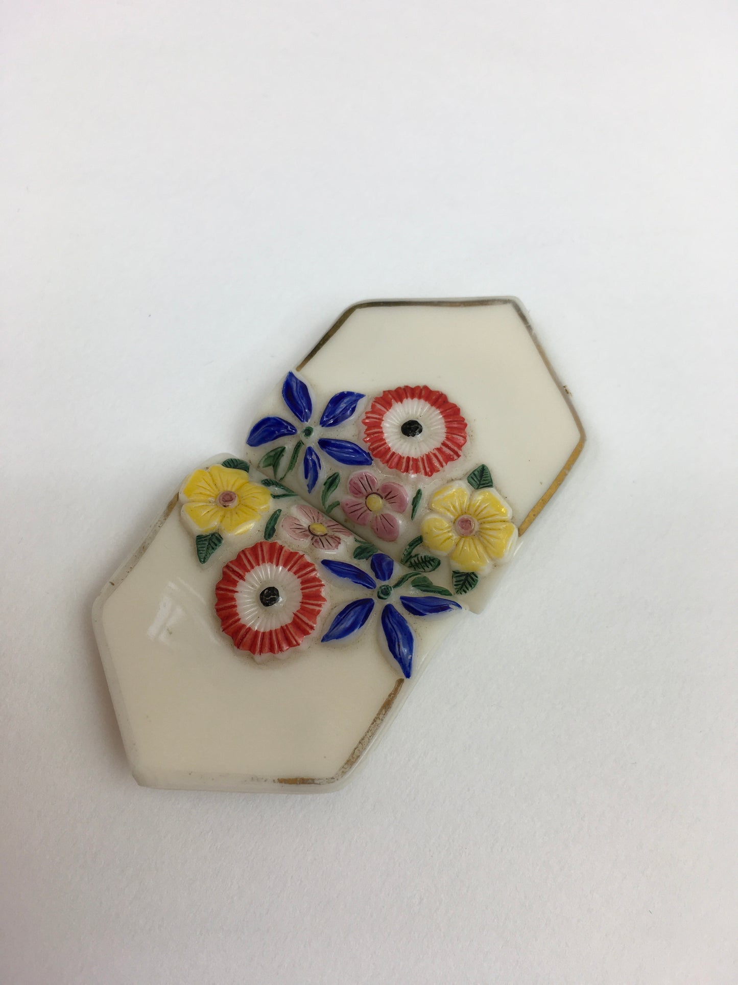 Original 1930’s Beautiful Milk Glass Buckle - With Florals in Brights and Faded Gilding