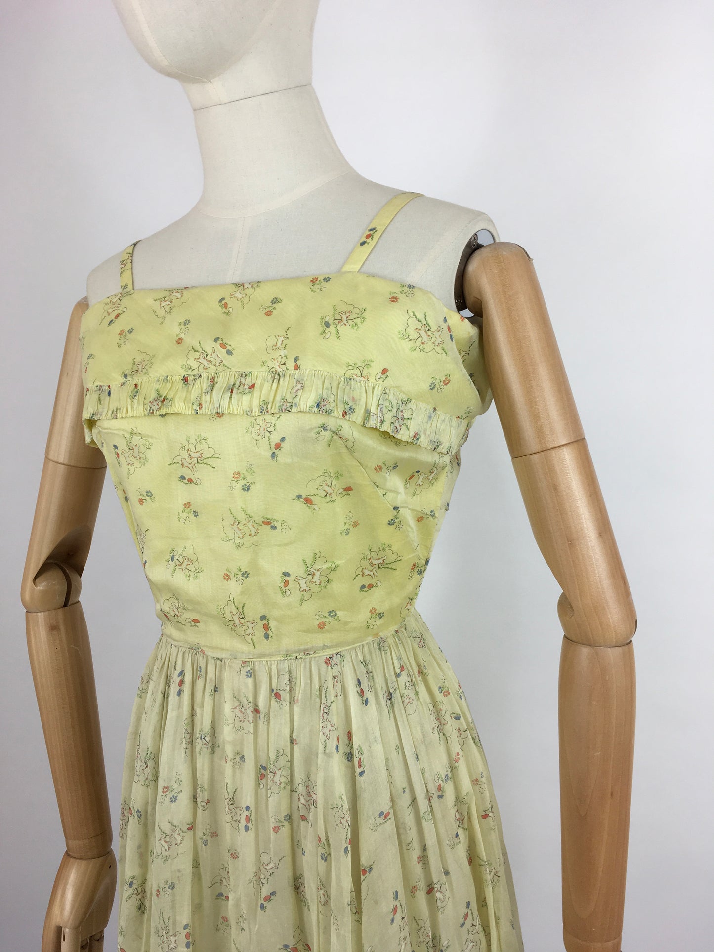 Original 1930s Sundress - In an Amazing Novelty Print Featuring Leaping Lambs and Toadstools On a Pale Lemon Cotton Lawn