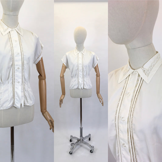 Original 1950’s ‘ Weber’ Blouse in Crisp White - Featuring Lace and Pintuck Detailing to the Bodice